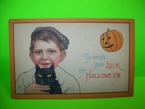 Halloween Postcard Boy Holding Black Cat 1291 C Stecher Original Antique  #4