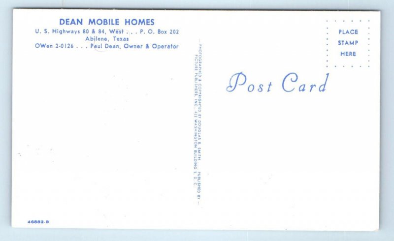 ABILENE, TX Texas ~ DEAN MOBILE HOMES c1950s Roadside Taylor County Postcard