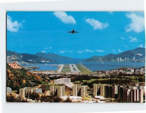 Postcard View of plane landing, from Lung Tseung Road, Hong Kong, China