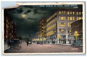 1926 Third Avenue At Night Classic Cars Carriage Cedar Rapids Iowa IA Postcard