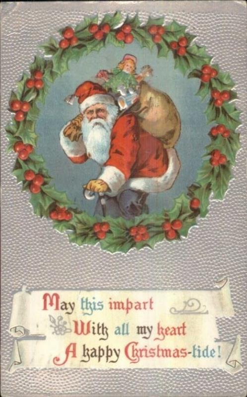 Christmas - Santa Claus Walking Cane - Wreath & Silver Border c1910 Postcard