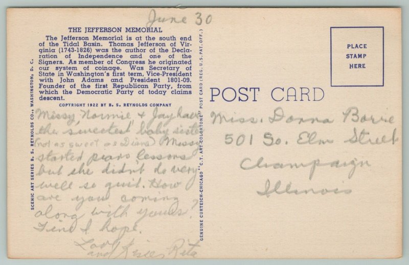 Washington DC~Thomas Jefferson Memorial~1940s Linen Postcard