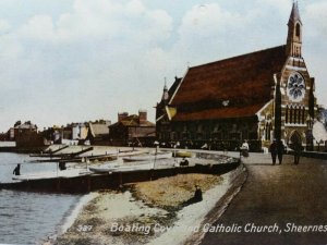 Boating Cove and Catholic Church Sheerness Kent Vintage Postcard c1910