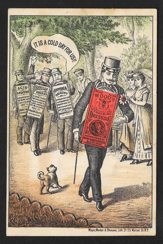 VICTORIAN TRADE CARD Men as Bottles of Woods Boot Dressing 'Cold Day For Us'