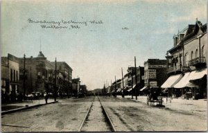 On Broadway Looking West, Streetcar Tracks Mattoon IL Vintage Postcard S71