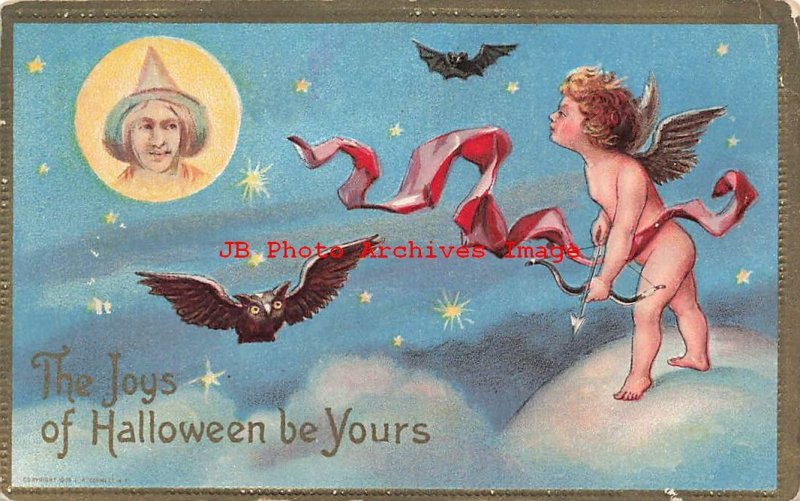 325369-Halloween, LR Conwell No 246, Cupid Gazing at Full Moon with Witch Face
