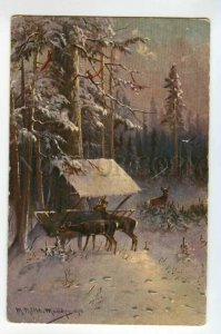 488061 MULLER Mueller HUNT Winter DEER Snow SQUIRREL Vintage postcard