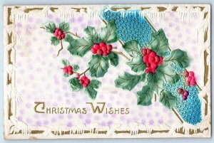 1911 Christmas Wishes Holly Berries Flowers Airbrushed Antique Posted Postcard