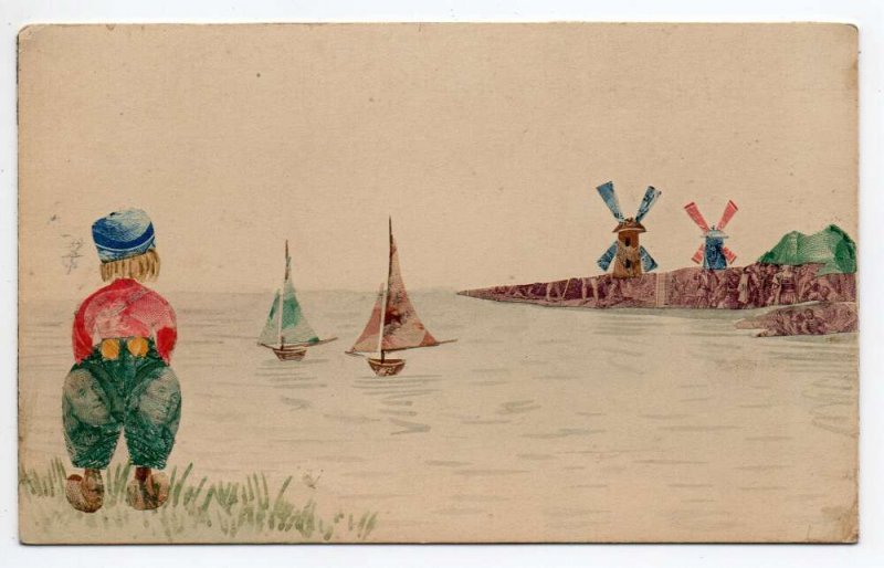 Dutch Boy Watching Ships in Harbor Windmills Stamp Montage Postcard AA74577