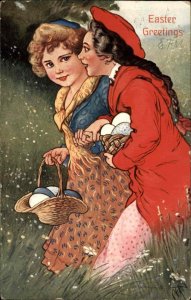 Easter G.A. Novelty Art Series Girls Gathering Eggs c1910 Vintage Postcard