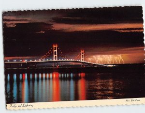 Postcard The Mackinac Bridge & Lighting Michigan USA