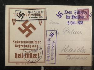 1938 Haida Sudetenland Germany Provisional cancel Postcard cover Heil Hitler!