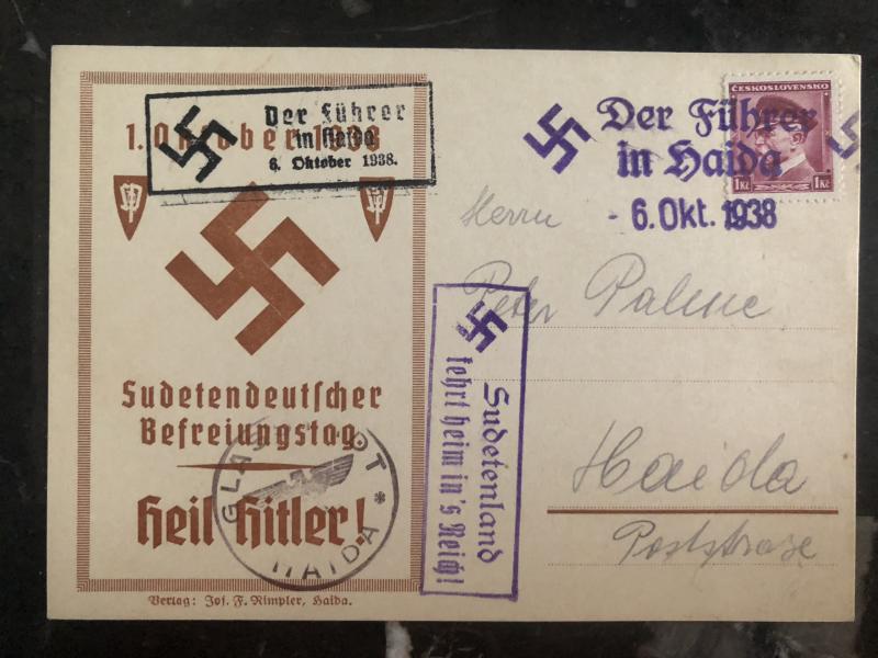 1938 Haida Sudetenland Germany Provisional cancel Postcard cover Heil Hitler!