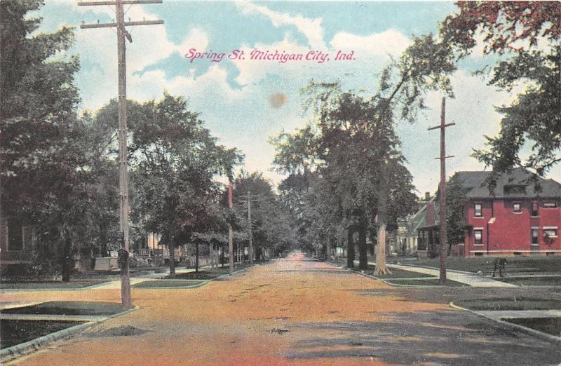 Michigan City Indiana~Spring Street~Houses & Tall Trees~Signs on Post~c1910 Pc