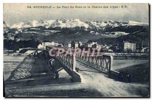 Old Postcard Grenoble Bridge Drac and the Chaine des Alpes