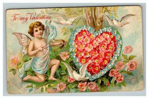 Vintage 1910's Valentines Postcard Cupid Shoots Arrow at Flowered Heart Doves