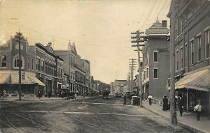 Skowhegan ME Street View Storefronts Horse & Wagons 1909 Real Photo Postcard