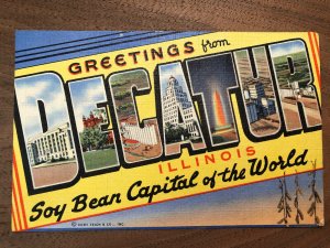 Vintage 50s GREETINGS from Decatur ILLINOIS Soybean Large Letters Postcard