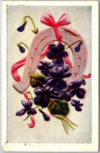 1909 Mini Violet Floral Flowers, Horse Shoe, Pink Ribbons, Vintage Postcard