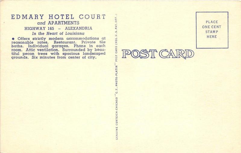 E9/ Alexandria Louisiana La Postcard Linen 1940s Edmary Hotel Court Apartments