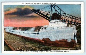 DULUTH-SUPERIOR HARBOR, Minnesota MN ~ Ice Covered COAL FREIGHTER 1935 Postcard