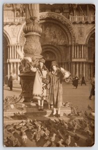 Venice~1925 Ladies~Cloche Hats~Pigeons in Flight~Rather Bad--Had to Do RPPC