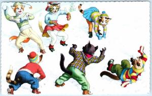 MAINZER CATS Anthropomorphic  Dressed CATS SNOWBALL FIGHT Girls v Boys  Postcard