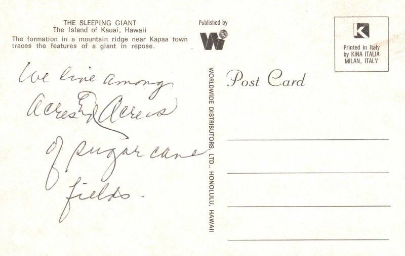 The Island of Kauai Hawaii, The Sleeping Giant Mountain Ridge, Vintage Postcard