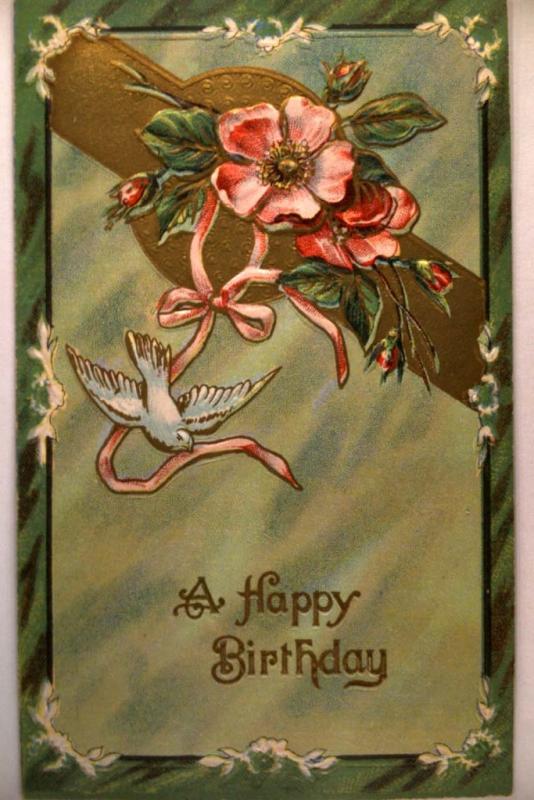 circa 1910 LITTLE BIRD WRAPS PINK RIBBON AROUND FLOWER Nice Postcard y0487