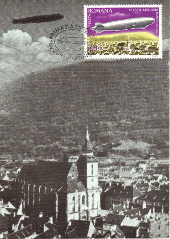 MAXI CARD ROMANIA 1978 L. Z. 127 ZEPPELIN OVER BRASOV TOWN