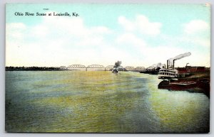 Vintage Postcard Ohio River Long Bridge Steamer Ships Louisville Kentucky KY