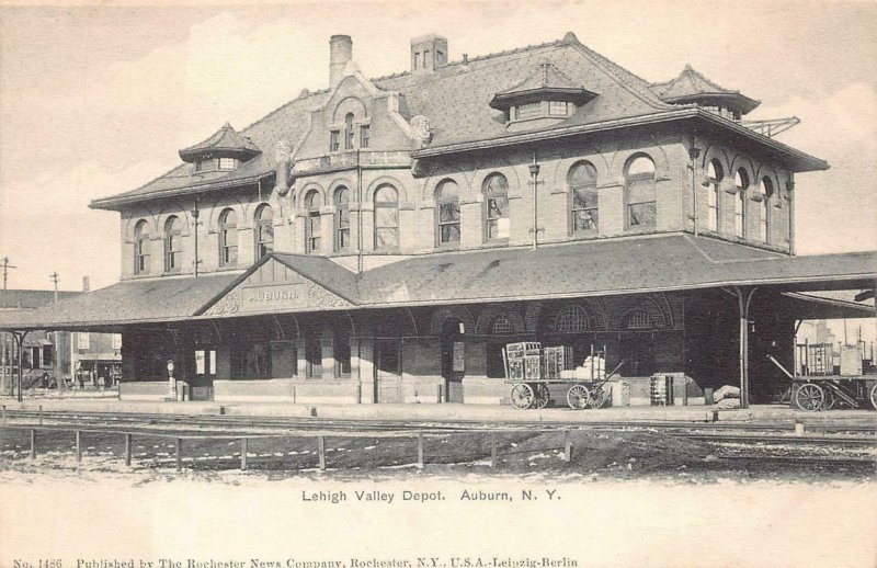 LEHIGH VALLEY TRAIN DEPOT RAILROAD STATION AUBURN NEW YORK POSTCARD (c. 1905)