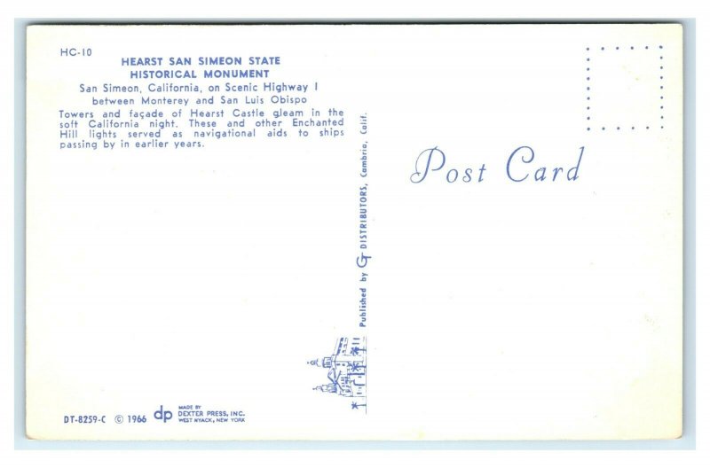 Postcard Hearst San Simeon CA - night Towers and Facade Hearst Castle c1966 M18