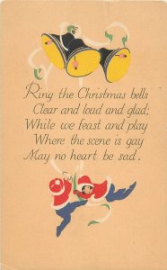 PF Volland Art Deco Postcard; Christmas, Children Ring Bells, Posted 1915