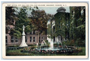 1927 Post Office, Fountain & Civil War Soldiers Monument Dunkirk NY RPO Postcard