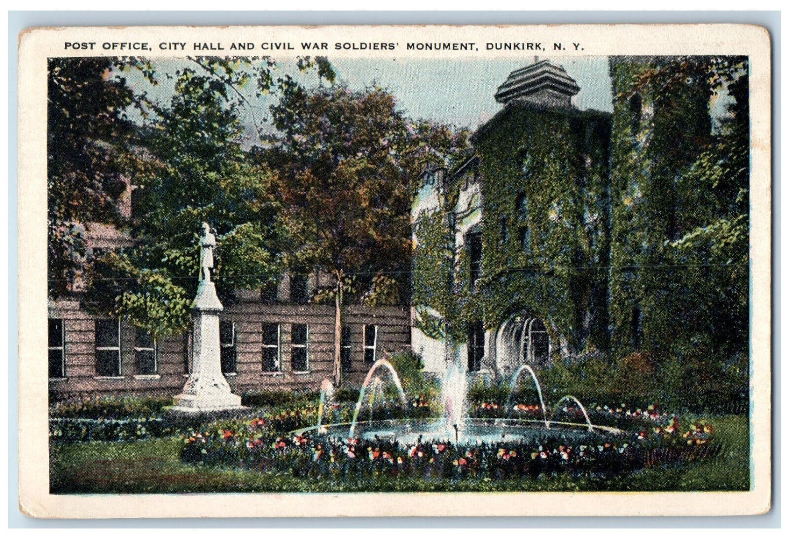 1927 Post Office, Fountain & Civil War Soldiers Monument Dunkirk NY RPO