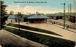 Postcard PA Union City Pennsylvania R.R. Station - Trains 1916 L3