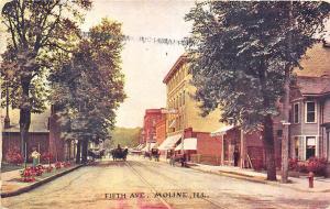 Moline IL Fifth Ave. Storefronts Trolley Tracks Horse & Wagons in 1910 Postcard