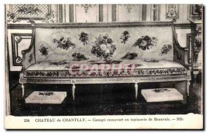 Old Postcard Chateau De Chantilly sofa covered in Beauvais tapestry