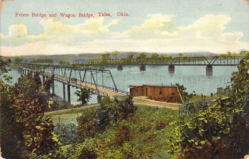 Early Chromo-litho Color,Frisco Bridge and Wagon Bridge, Tulsa, Ok, Old Postcard