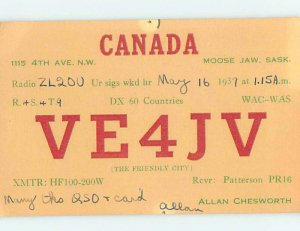 1930s QSL RADIO CARD Moose Jaw Saskatchewan SK AH3235