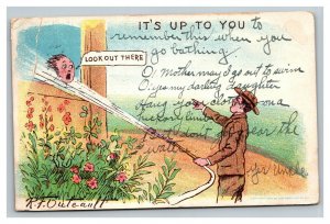 Vintage 1908 Comic Postcard - Man Squirts Woman with Hose While Watering FUNNY