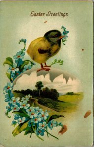 EASTER GREETINGS - VINTAGE - CHICKS - FARM SCENE FLOWERS - POSTCARD - PC 