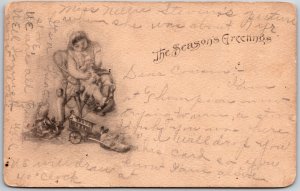 The Season’s Greetings, 1907 Sepia Child Portrait, Wicker Chair, Toys, Postcard