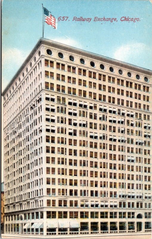 Railway Exchange Chicago Illinois Street View American Flag UNP Vintage Postcard 