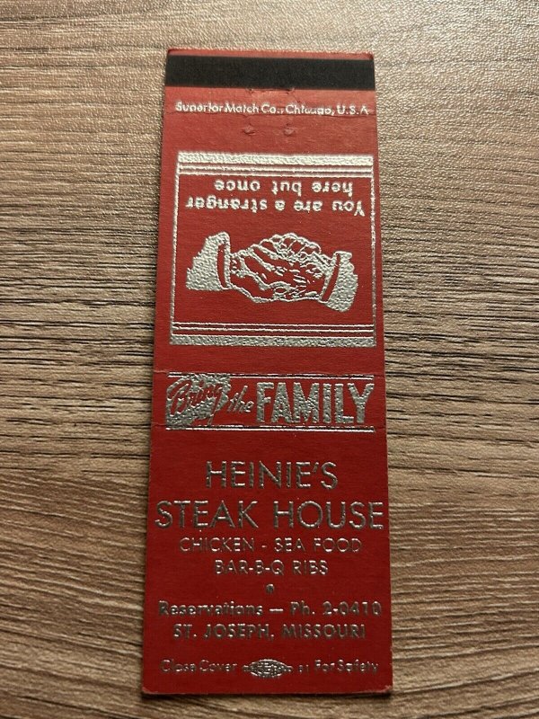 Matchbook Cover - Heinie's Steak House St Joseph MO MB24