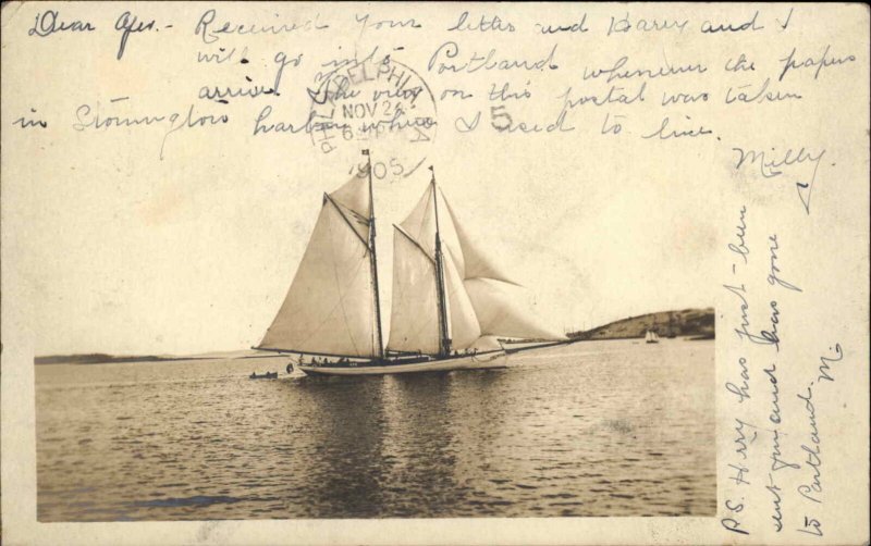 Sailing Sailboat Stonington & Portland ME in Message Real Photo Postcard 1905
