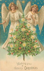 1909 Christmas Postcard, 2 Angels at Christmas Tree w/Candles, Embossed, Fancy