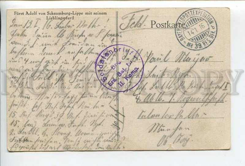 438261 WWI GERMANY Prince Adolf von Schaumburg-Lippe horse military post RPPC