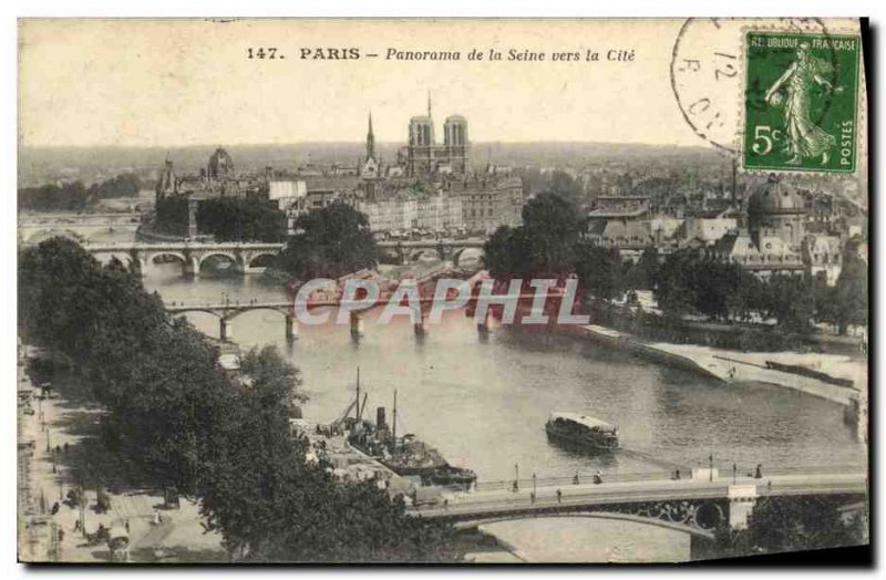 Old Postcard Paris Panorama of the Seine Towards the Cite